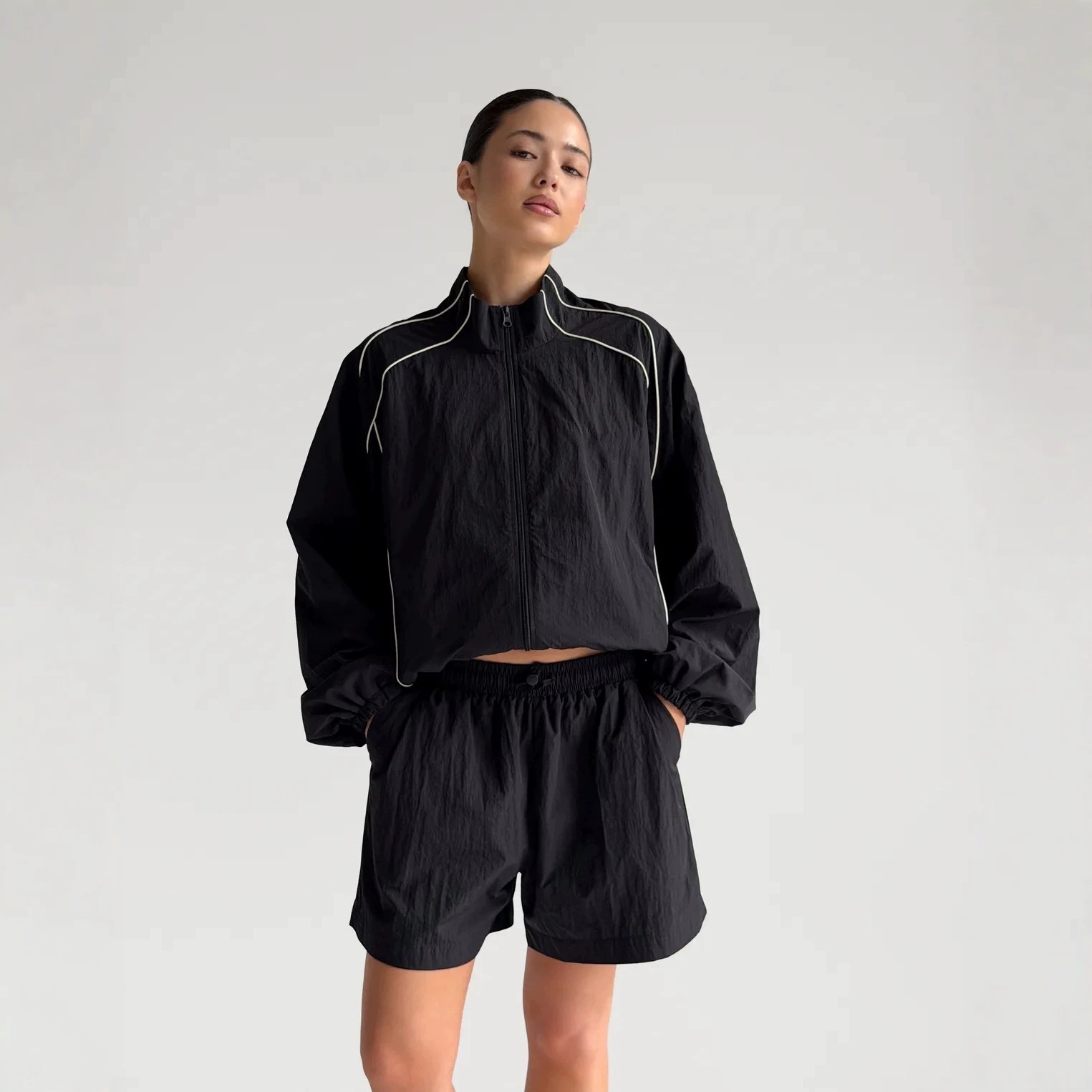 Color-Block Striped Zip-Up Track Jacket and Shorts Set