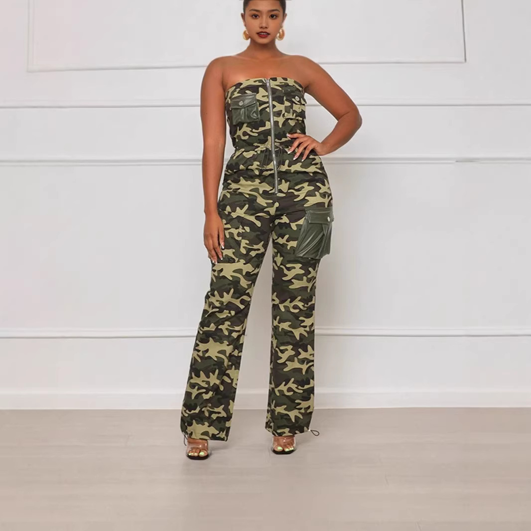 Women's Off-Shoulder Camo Jumpsuit with Elastic Waist and Zip