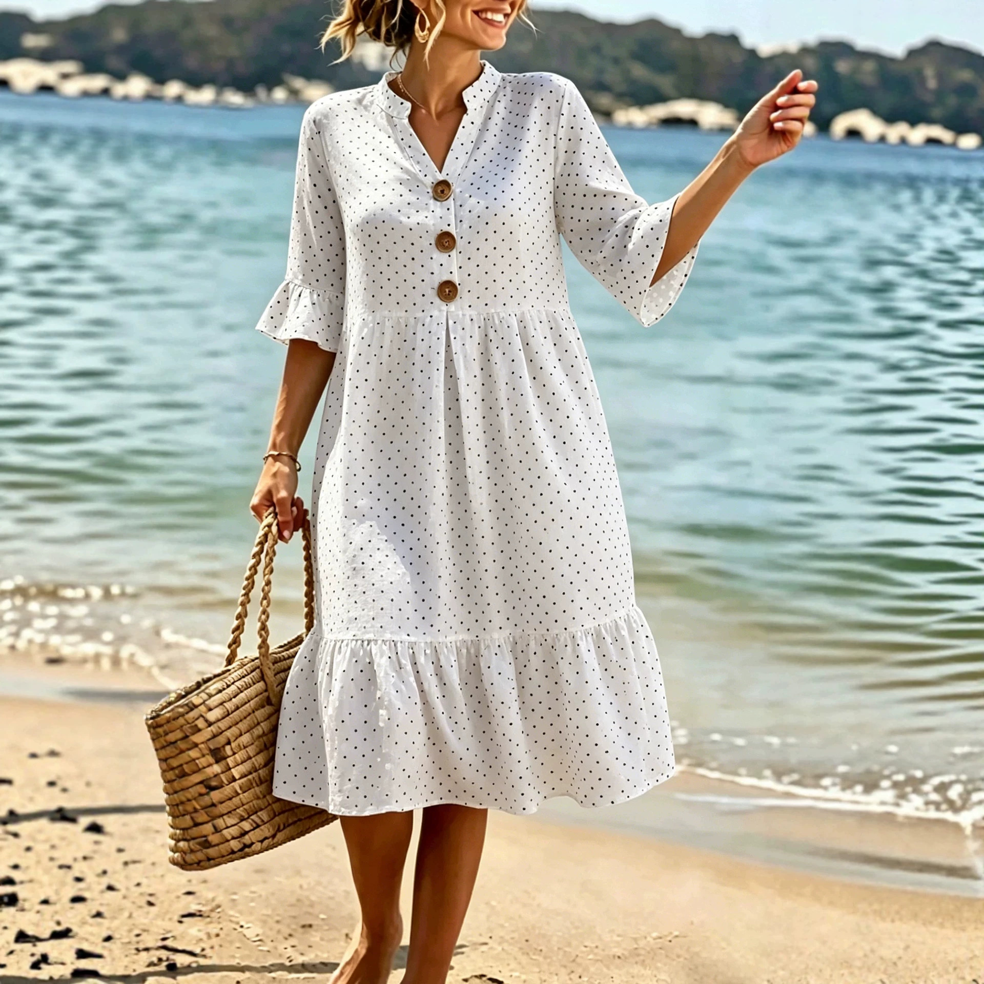 V-Neck Polka Dot Ruffle Sleeve Boho Short Sleeve Vacation Dress