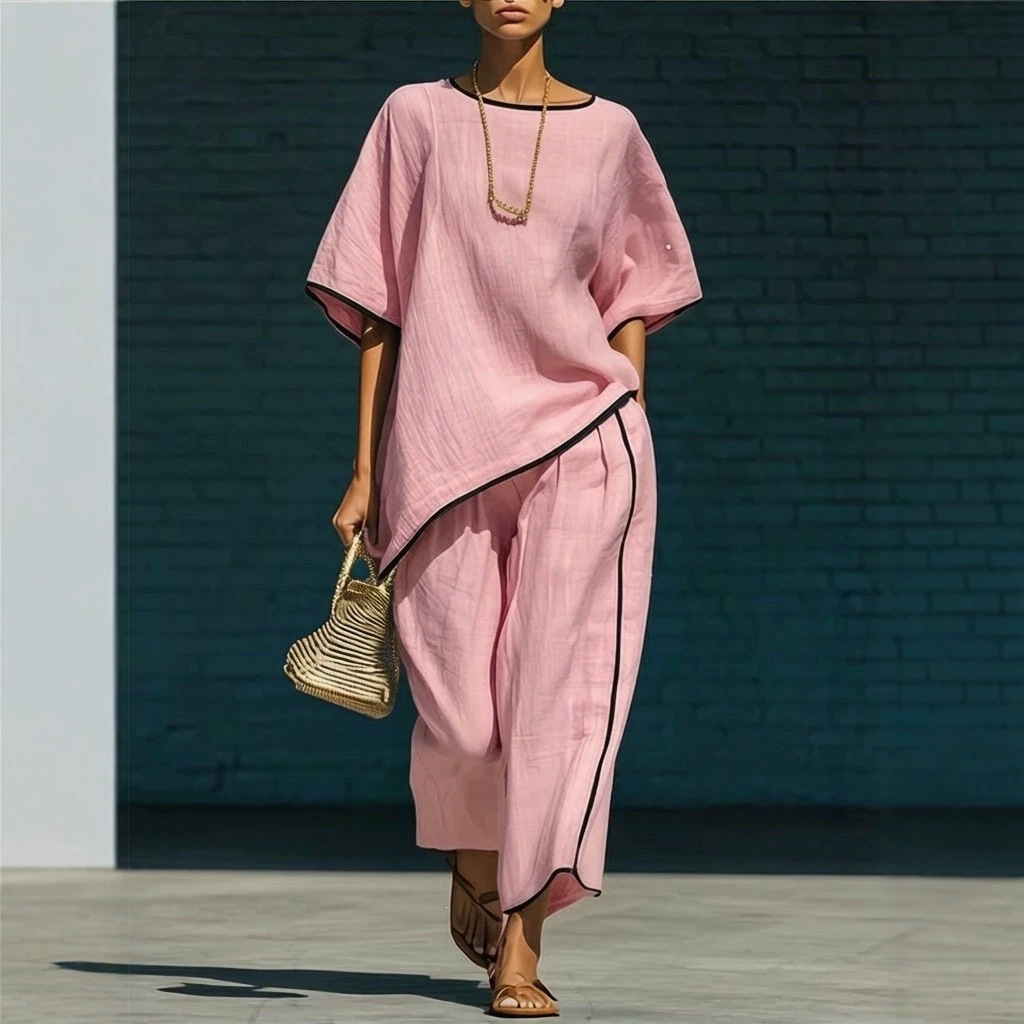 Women's Elegant Round Neck Short Sleeve Two-Piece Pant Set