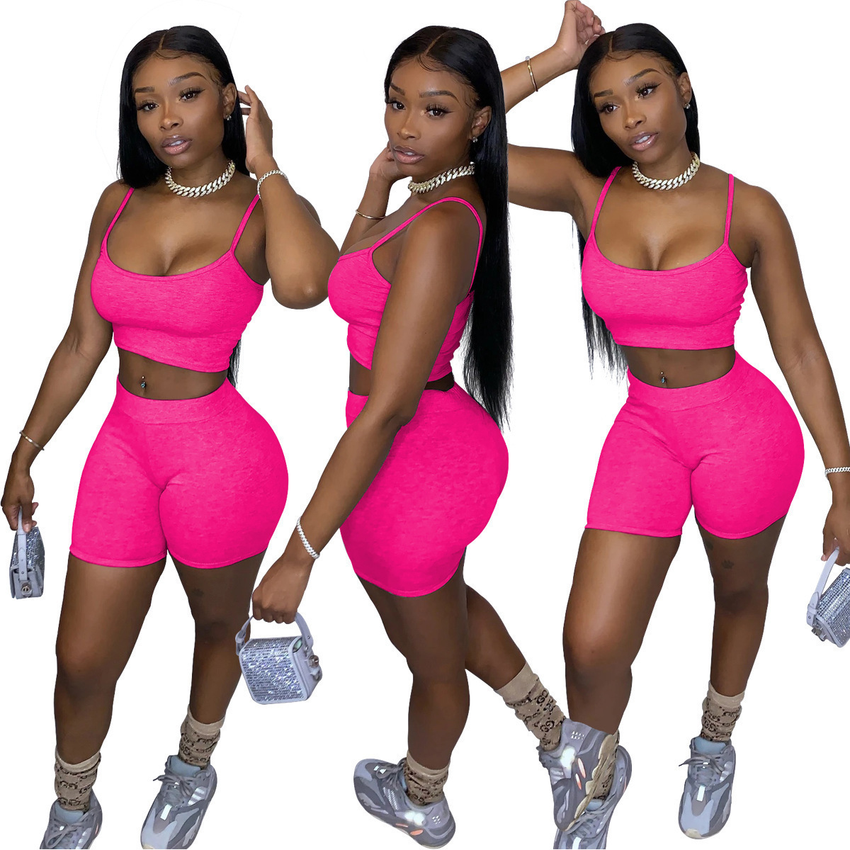 Women's Solid Color Crop Cami Top and Biker Shorts Two-Piece Set