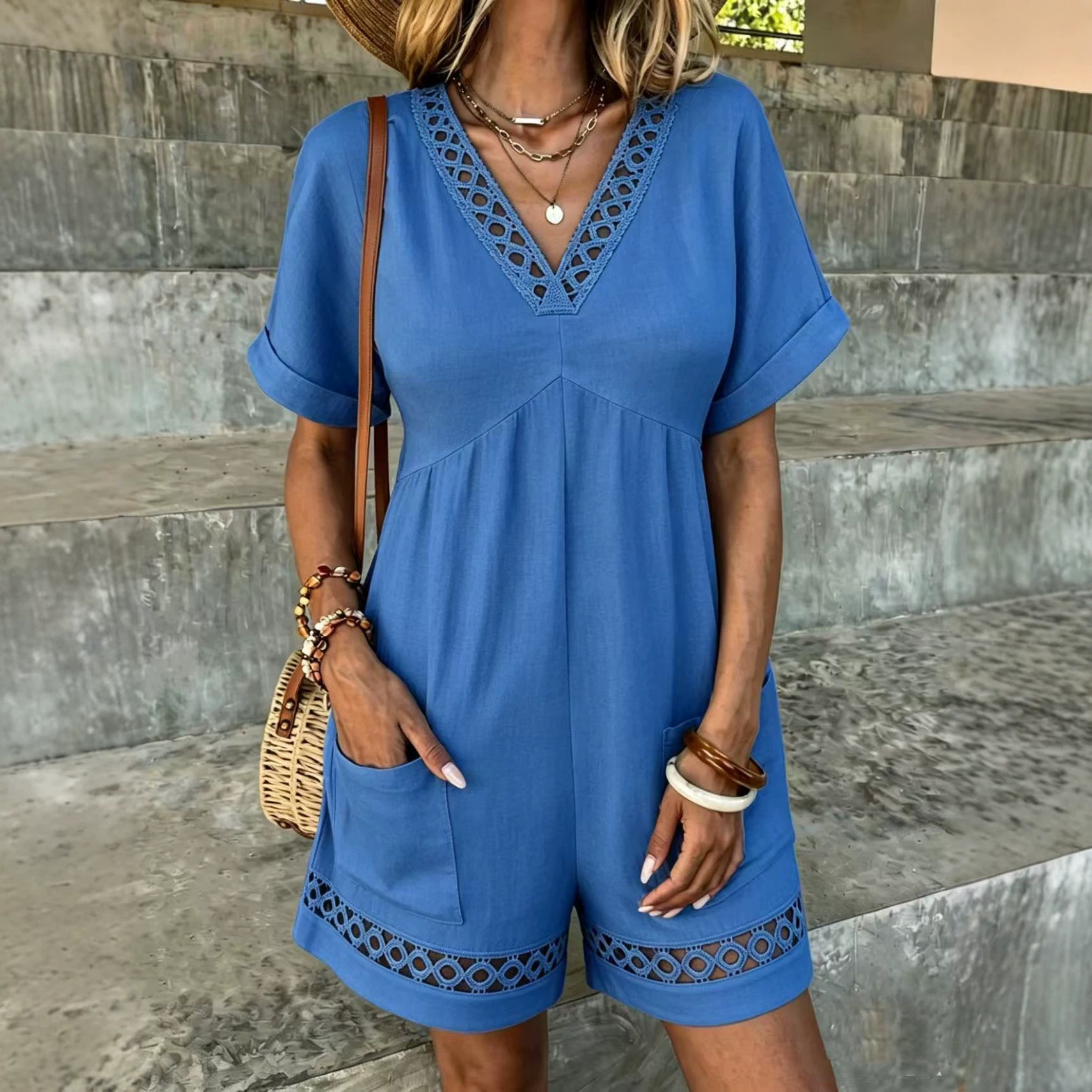 Women's Summer Short Sleeve V-Neck Romper with Pockets Casual Loose Shorts