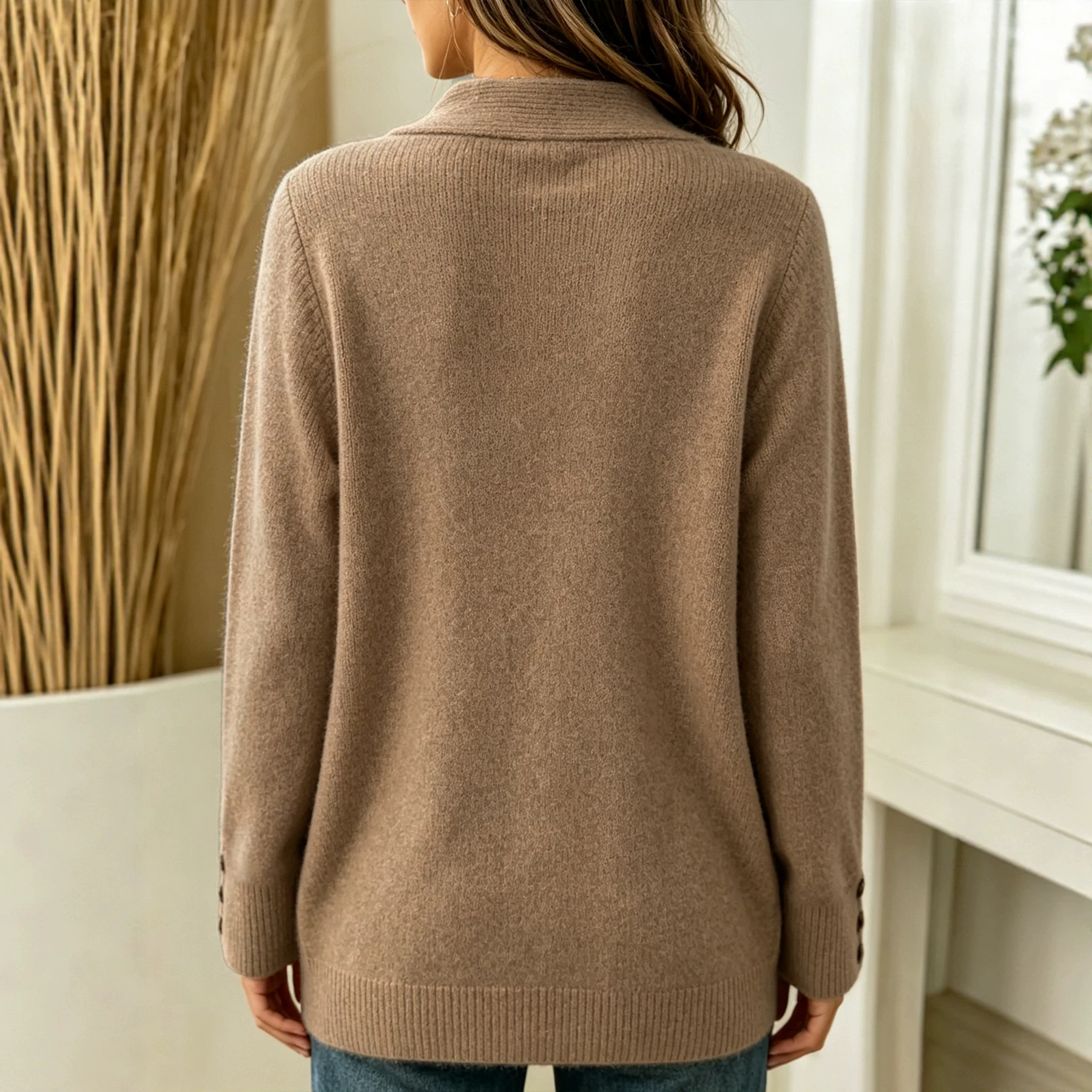 Women's Polo Collar Knit Sweater Button-Trim Loose Long-Sleeve Ribbed Cuffs