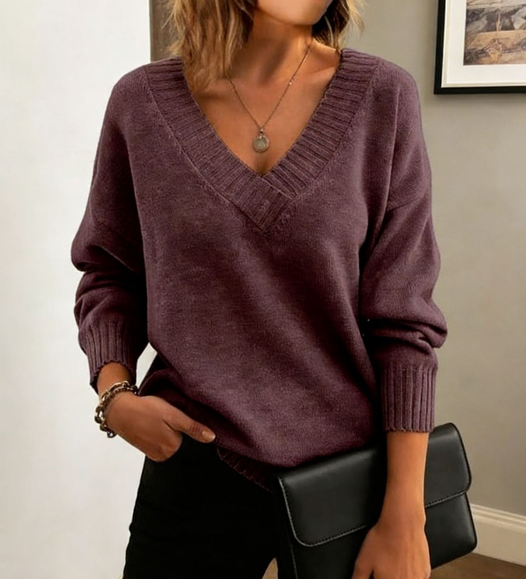 Women's Loose V-Neck Pullover Sweater Solid Color Knit Top