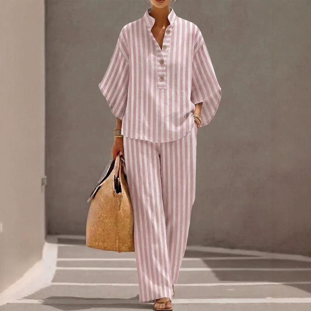 Women's Striped Linen Shirt & Pants Set Casual Summer