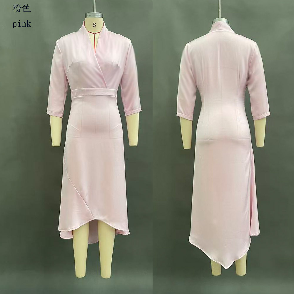 Elegant Solid V-Neck Long Sleeve Satin Asymmetric Dress