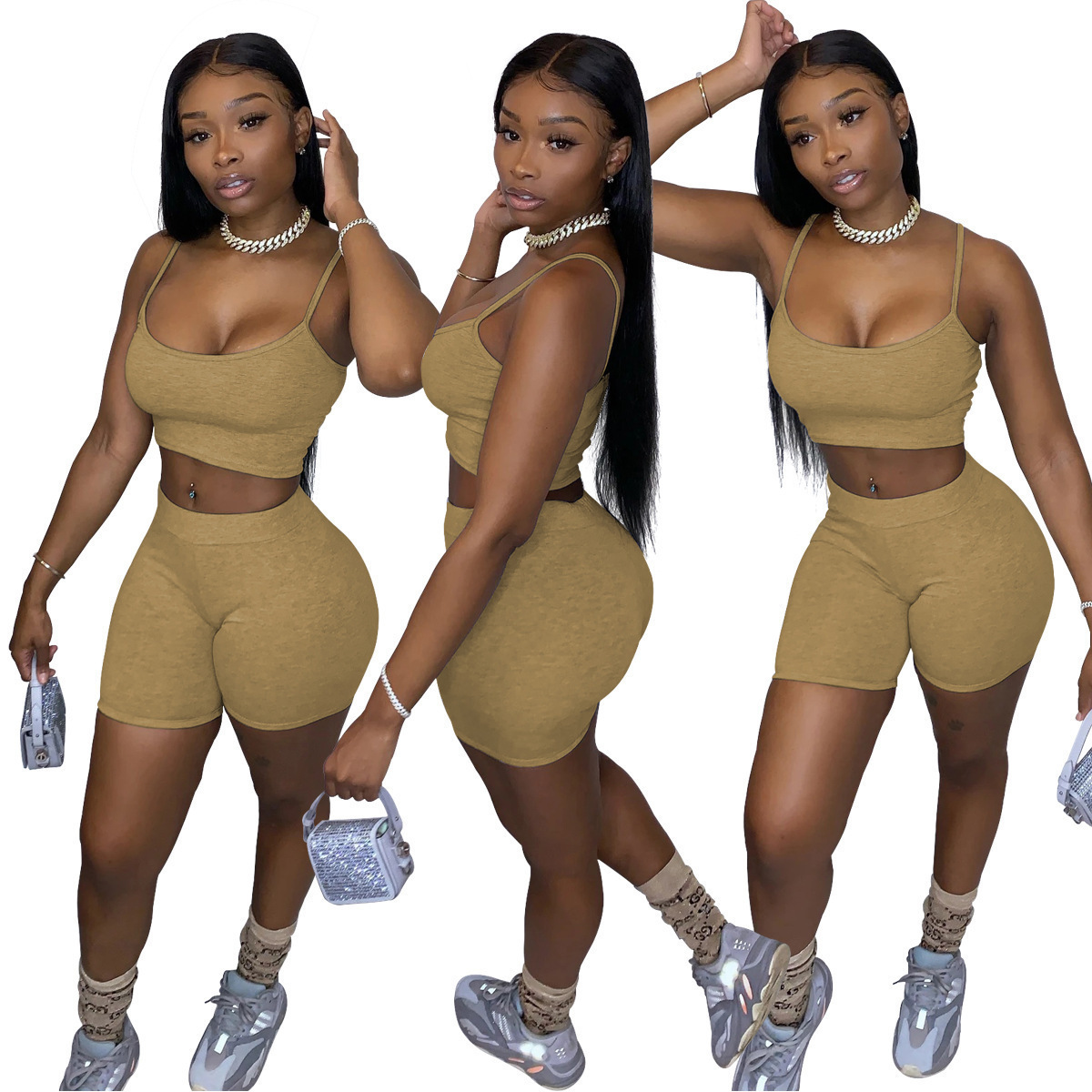 Women's Solid Color Crop Cami Top and Biker Shorts Two-Piece Set