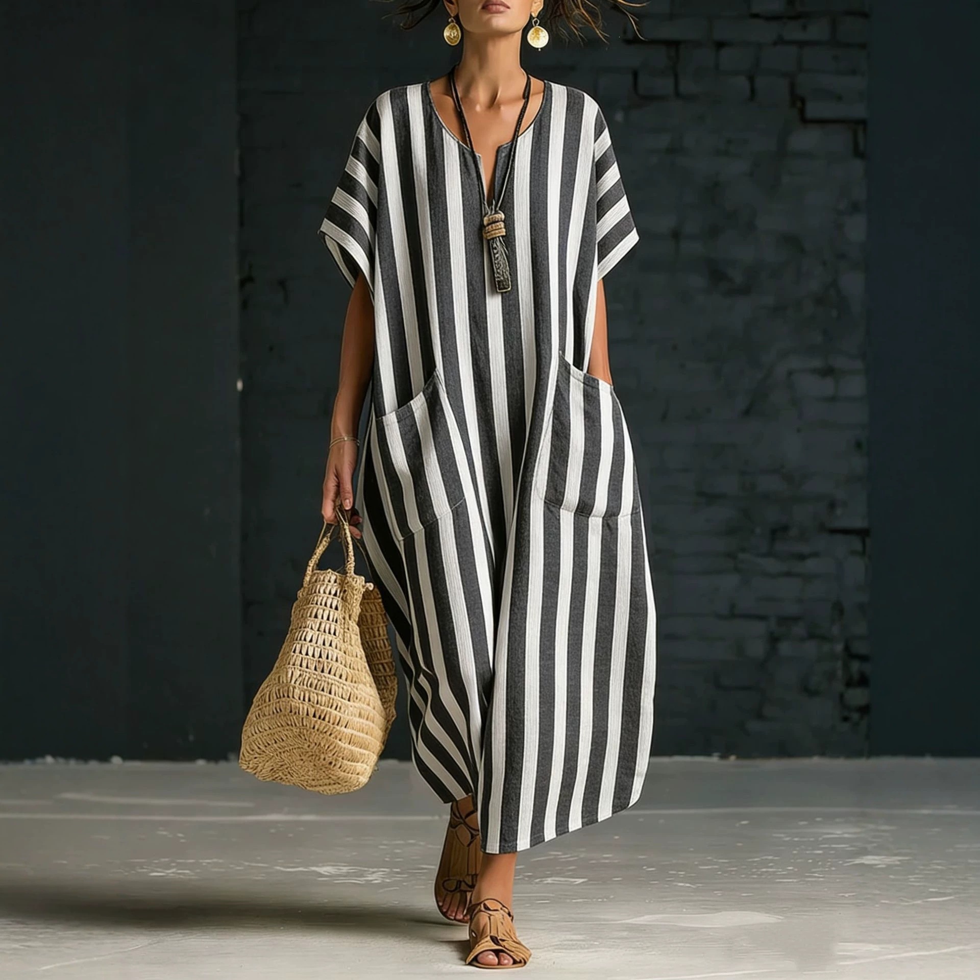 Women's Loose V-Neck Striped Print A-Line Midi Dress