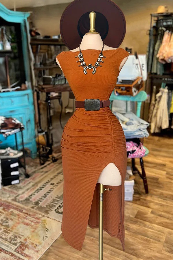 Women's Ribbed Knit Off-Shoulder Bodycon Midi Dress
