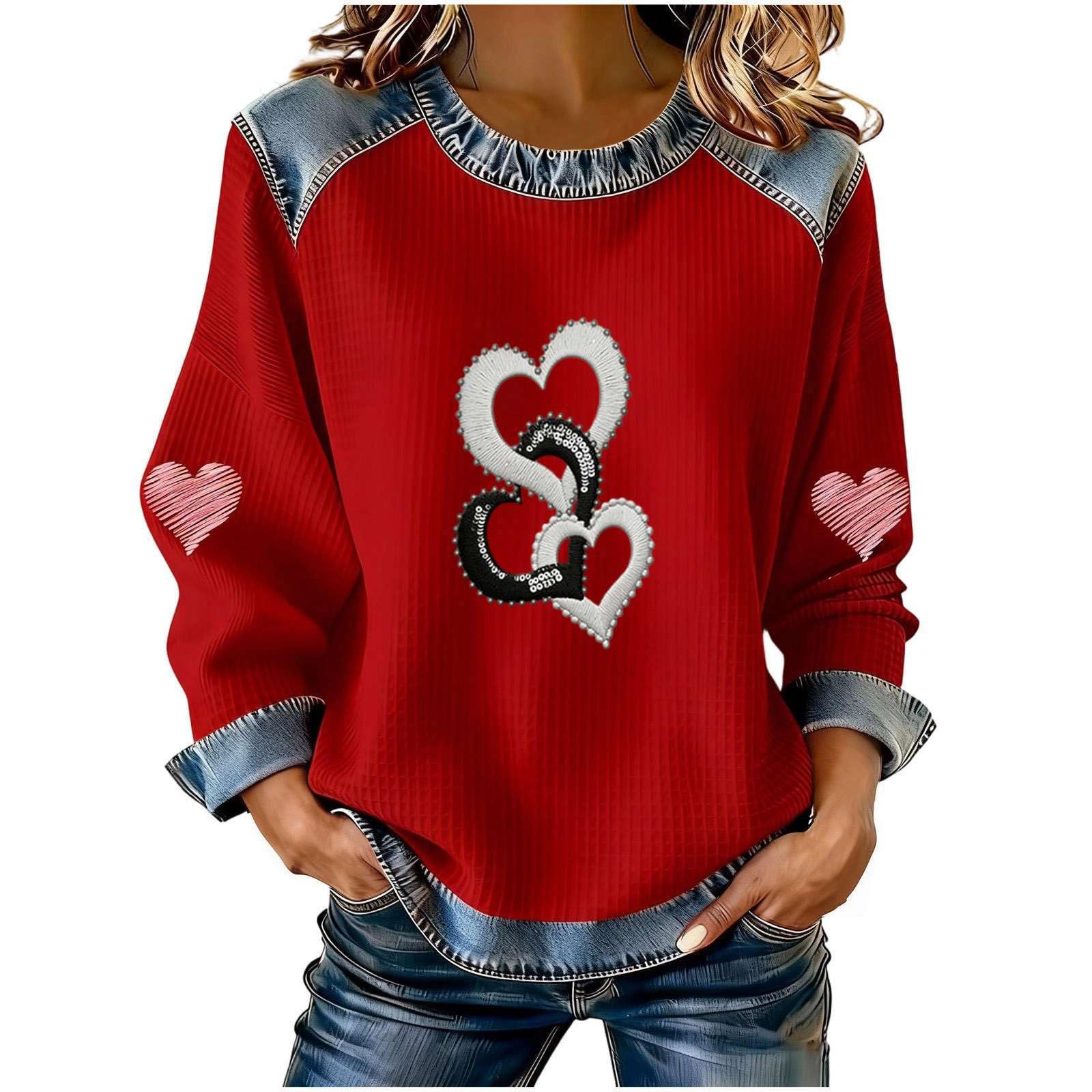 Women's Heart Print Crewneck Sweatshirt