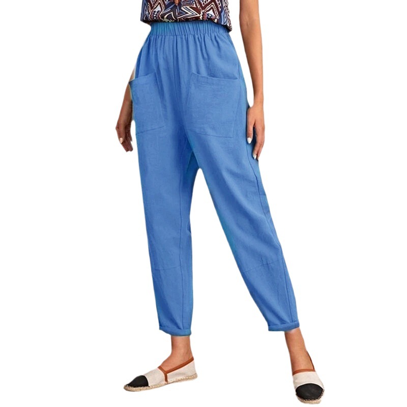 Women's All-Season Cotton-Blend Cropped Pants with Elastic Waist and Slant Pockets
