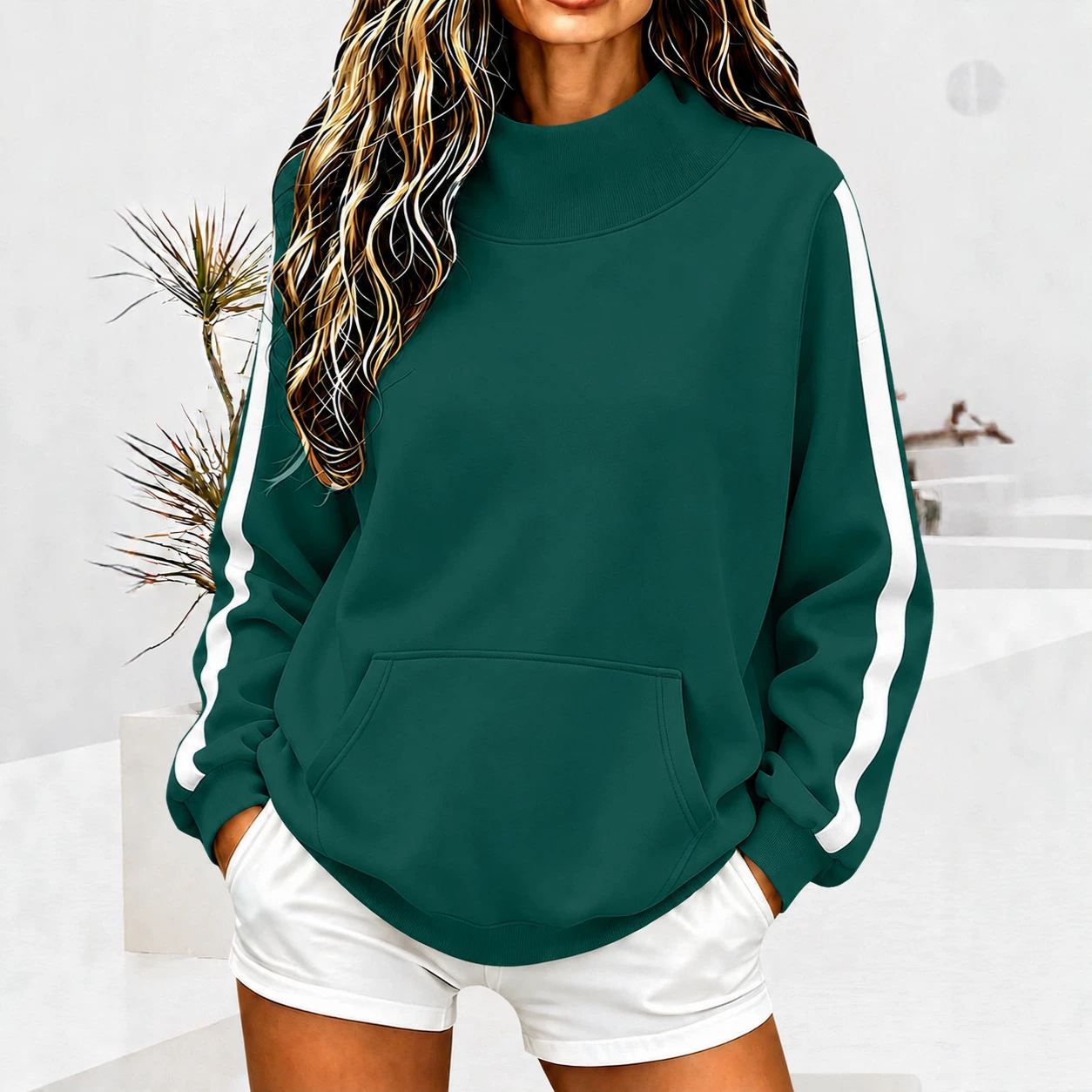 2026 Cross-Border European & American Autumn/Winter New Women's High Neck Ribbed Sweatshirt Loose Casual Sporty Style Sleeve Stripe Sweatshirt Women