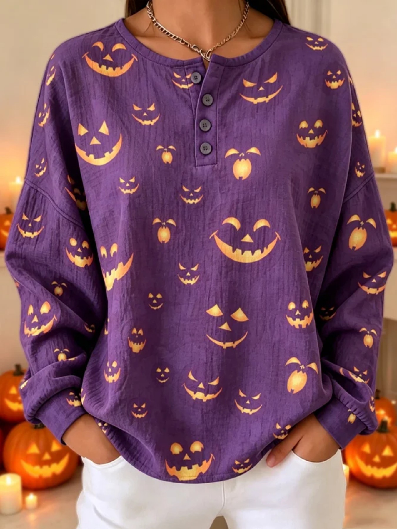 Women's Retro Pumpkin Smiley Print Button Sweatshirt