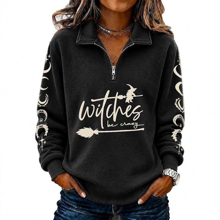 Women's Half-Zip Halloween Witch Skull Print Hoodie