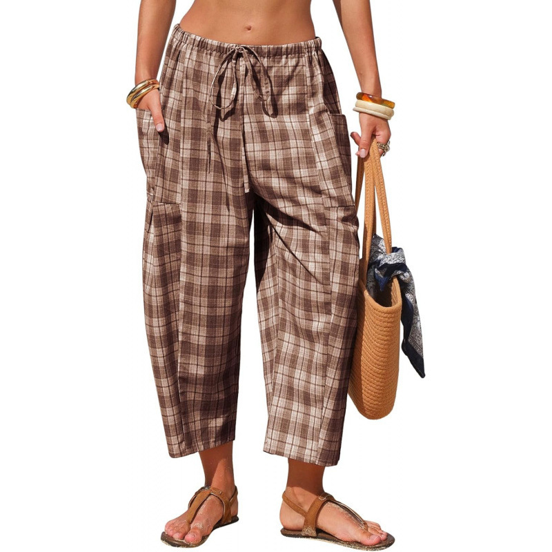 Linen-Blend Plaid Wide-Leg Cropped Pants with Pockets
