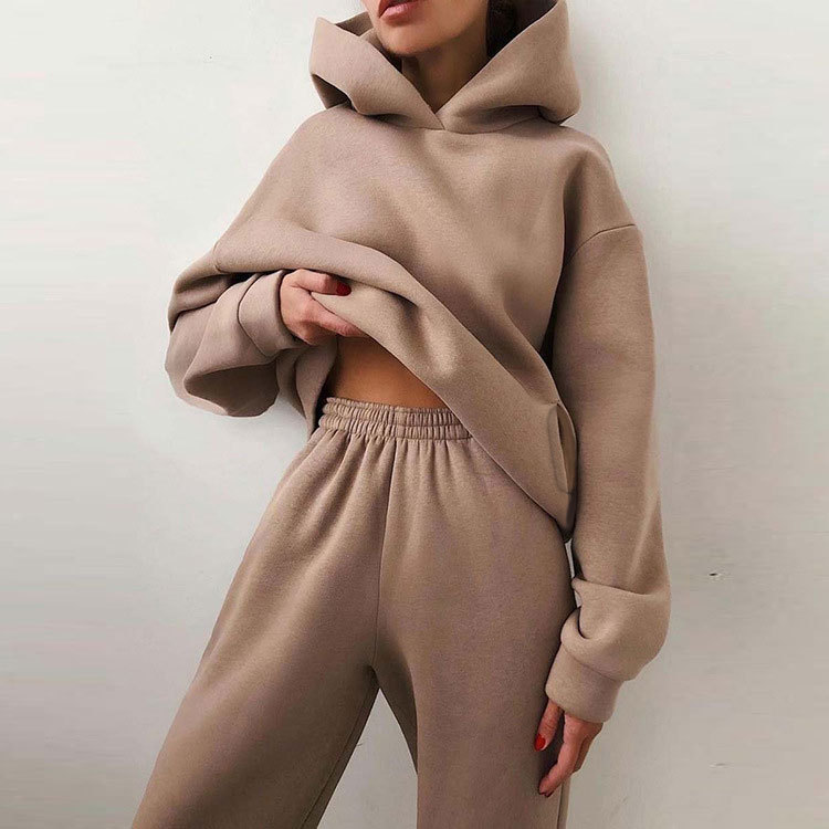 Women's Solid Color Hooded Sweatshirt and Pants Two-Piece Casual Set