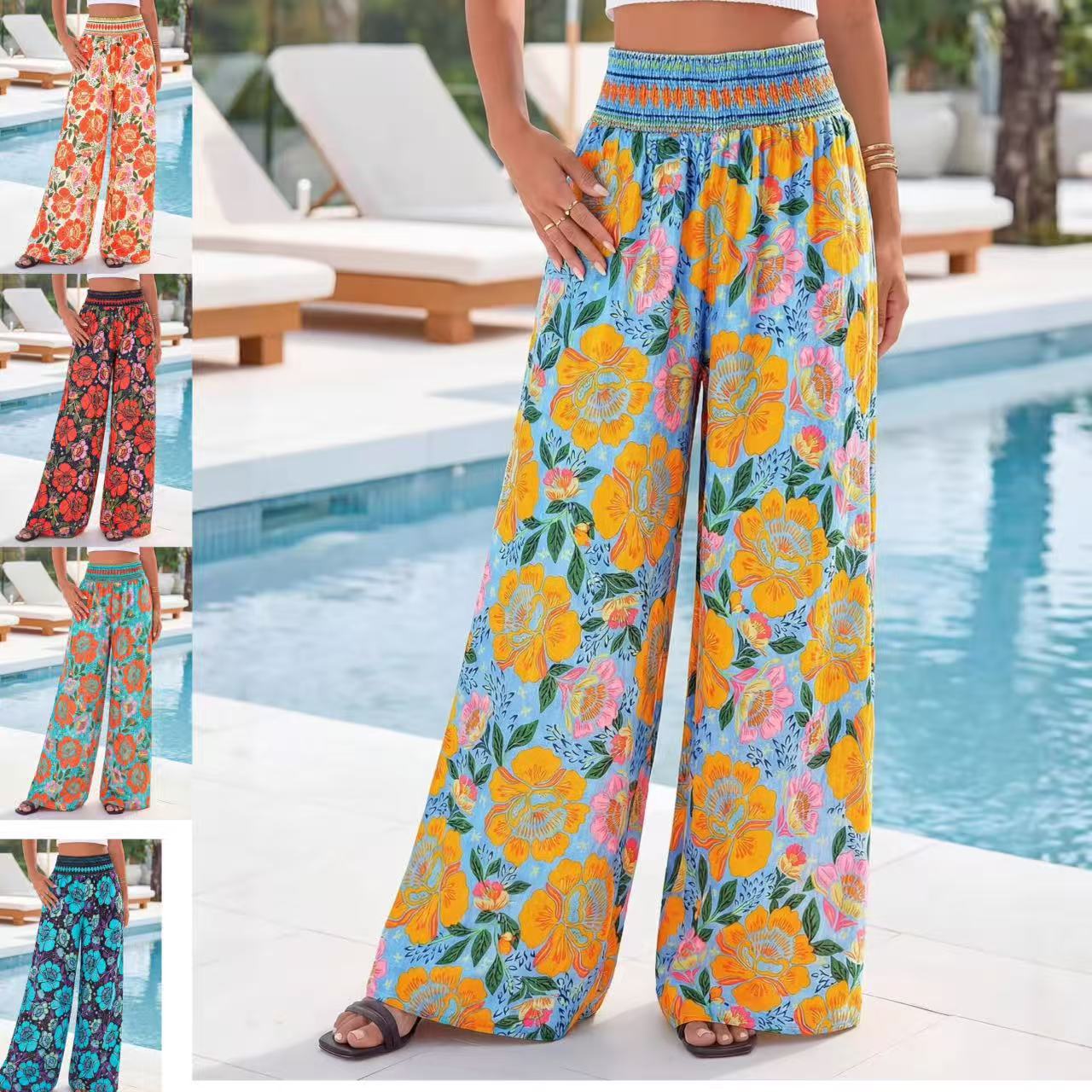 Women's High-Waist Wide-Leg Floral Print Pants Casual Summer Trousers