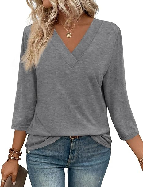 Women's V-Neck 3/4 Sleeve Knit Top - Fitted Casual T-Shirt