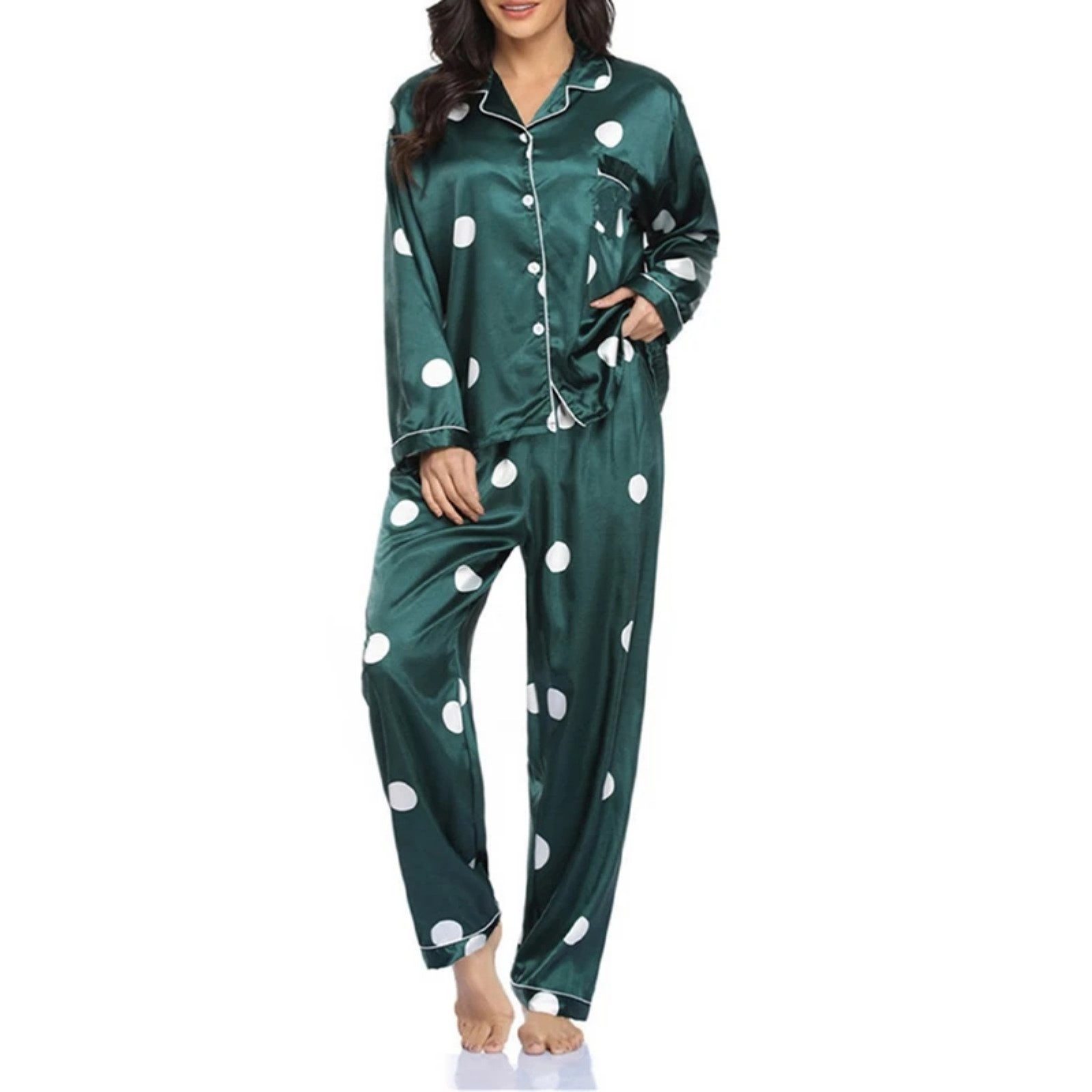 Women's Cuban Collar Polka Dot Leopard Moon Print Long Sleeve Loungewear Set
