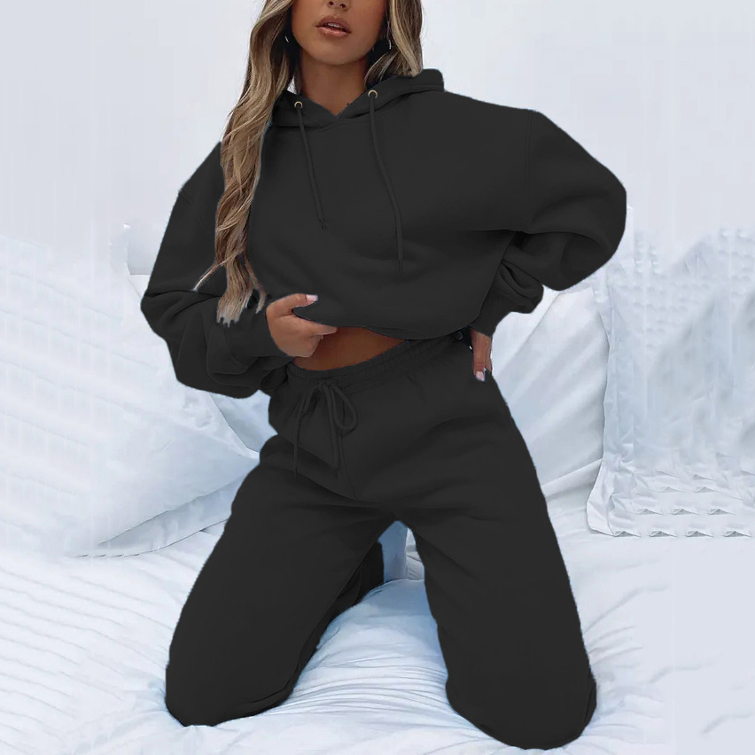 Women's Solid Hooded Long Sleeve Sweatshirt and Pants Set with Pockets