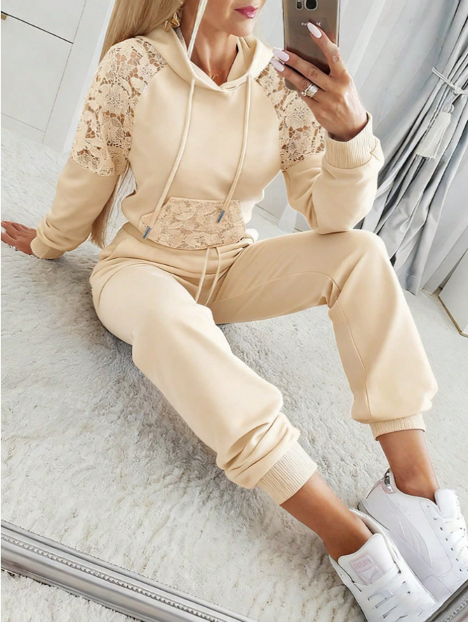 Women's Lace Hollow-Out Hooded Sweatshirt Set