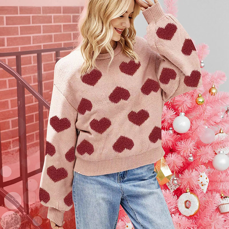 Puff Sleeve Heart Jacquard Pullover Sweater