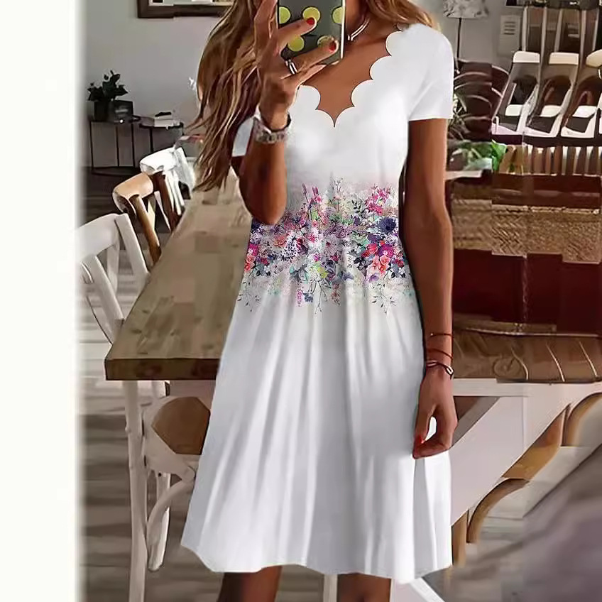 Women's Summer Digital Print V-Neck Short Sleeve Dress