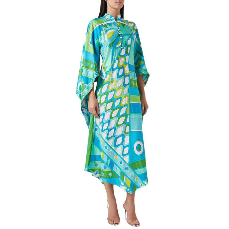 Printed Long Sleeve Stand Collar Loose Dress