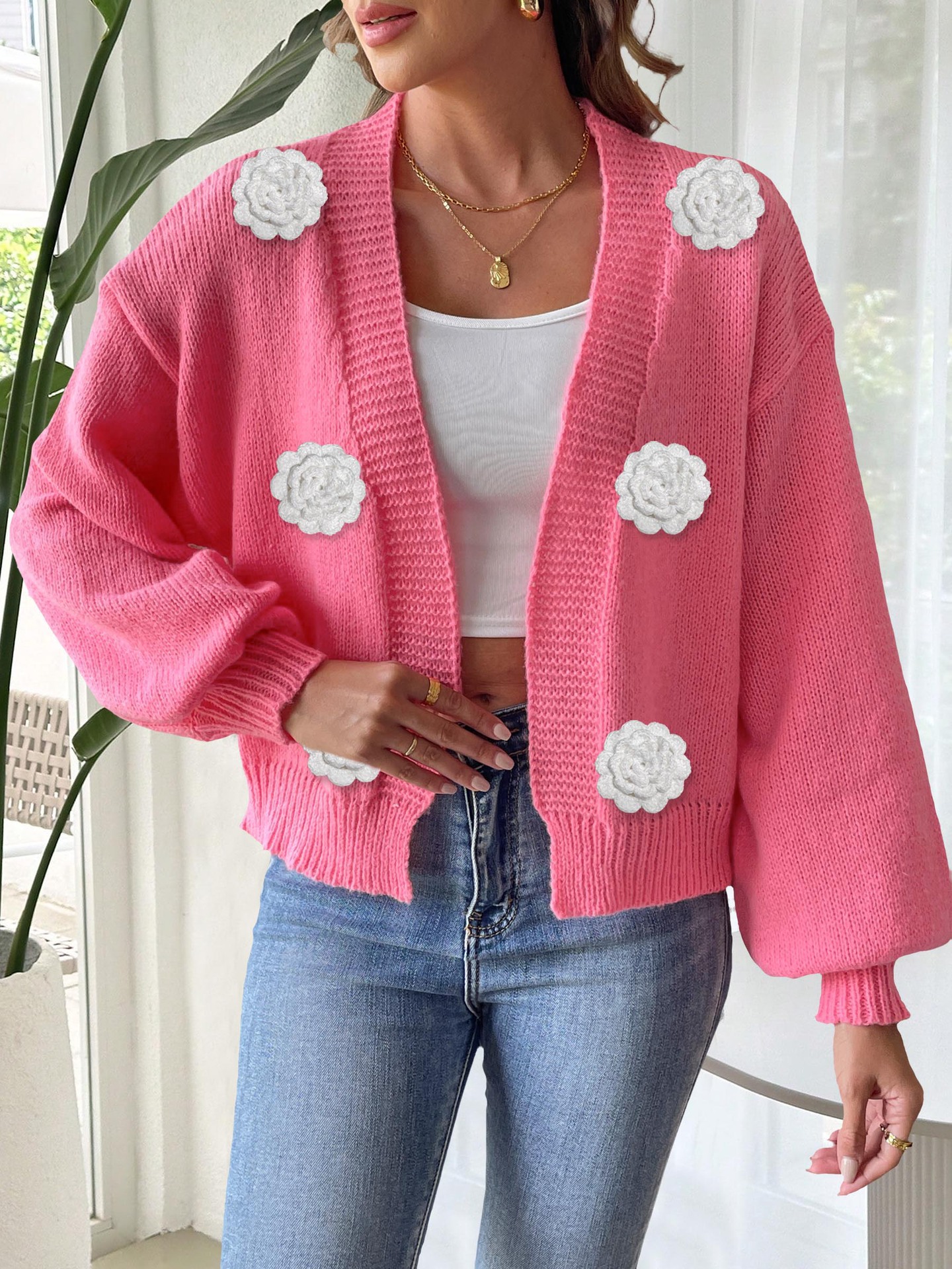 Women's Open-Front Cardigan with 3D Hand-Crocheted Floral Appliqué