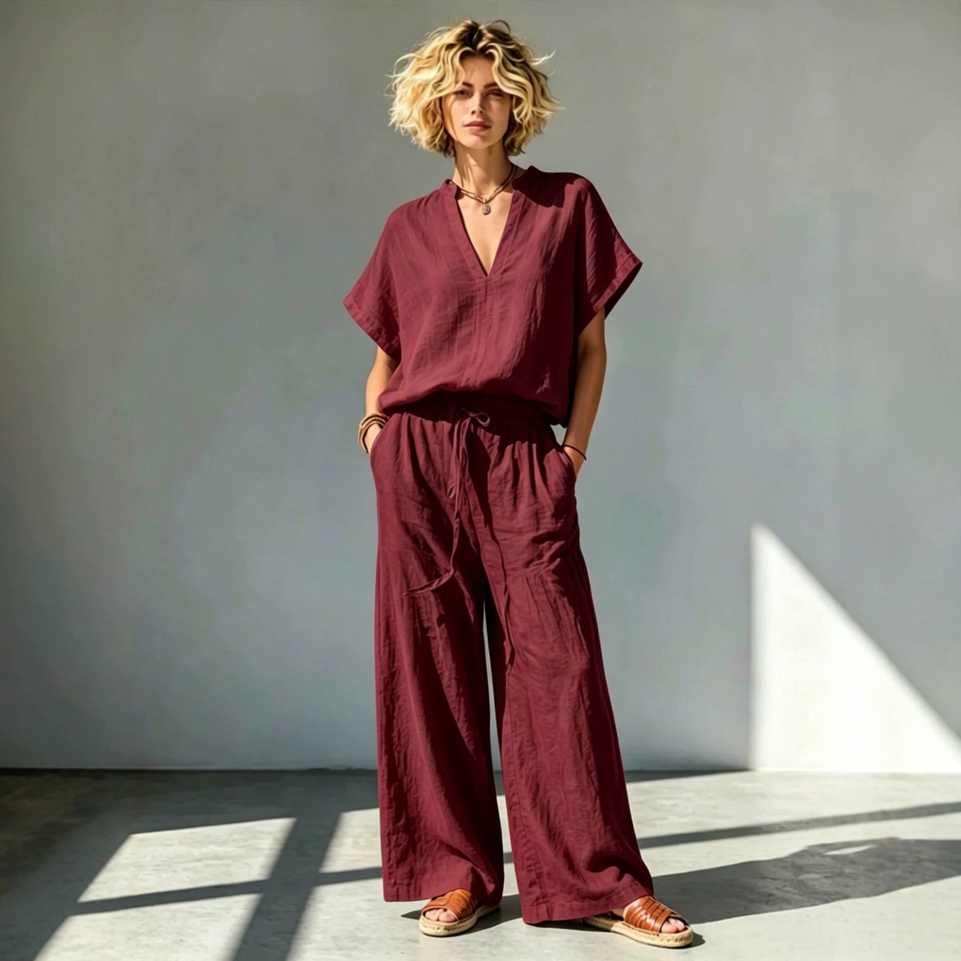 Women's Cotton-Linen V-Neck Short-Sleeve Shirt & Wide-Leg Pants Set