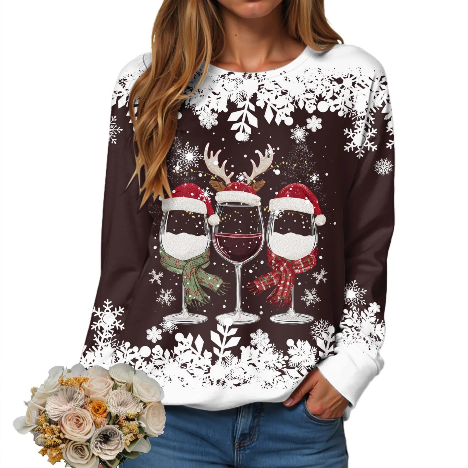 Women's Christmas Hat Wine Glass Snowflake Print Crewneck Sweatshirt