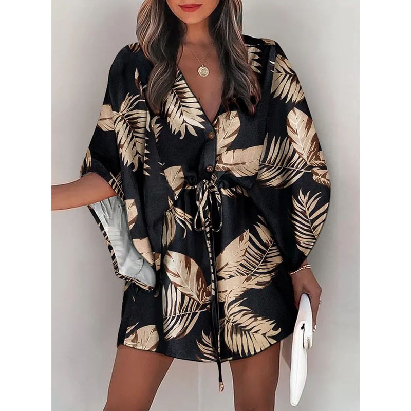 Women's Summer V-Neck Tie-Front Floral Print Patchwork Beach Dress