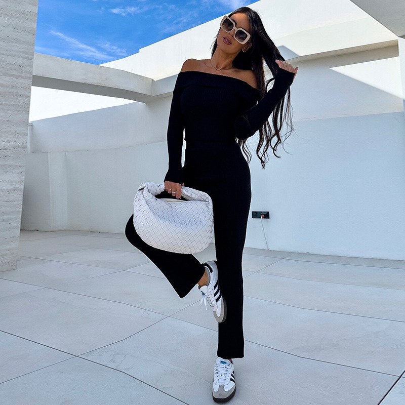 Women's Off-Shoulder Long Sleeve Fitted Top and Pants Two-Piece Set