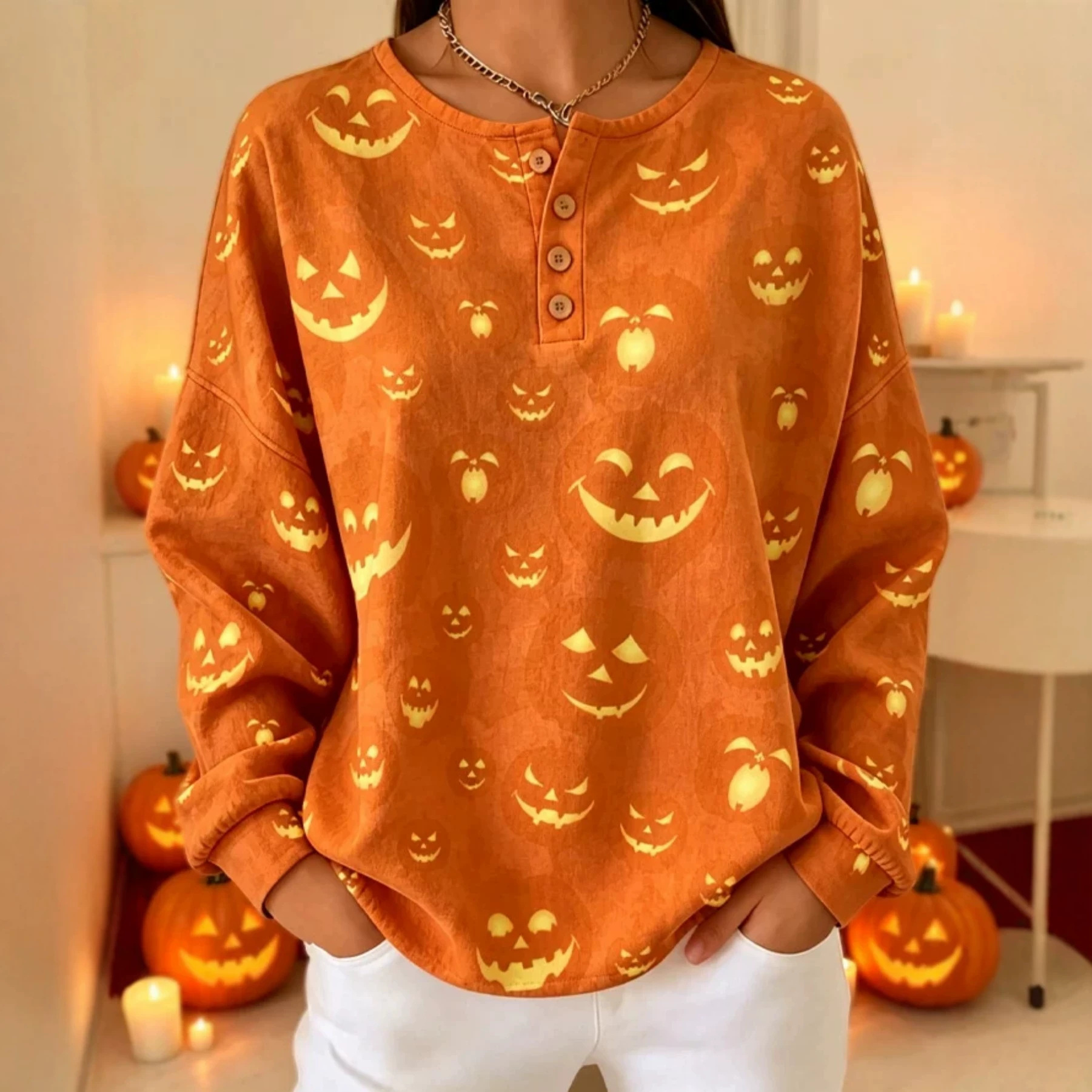 Women's Retro Pumpkin Smiley Print Button Sweatshirt
