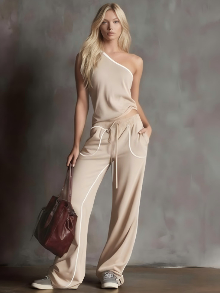 Women's Straight-Leg Wide-Leg Pants and One-Shoulder Top Two-Piece Set