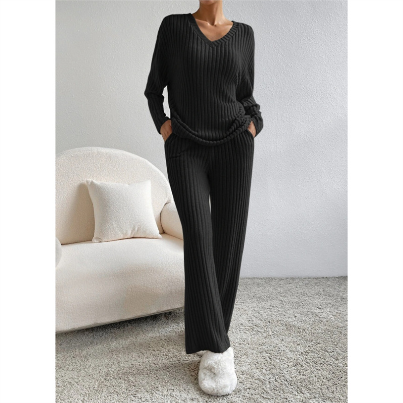 Women's Two-Piece V-Neck Knit Top and Straight-Leg Pants Set