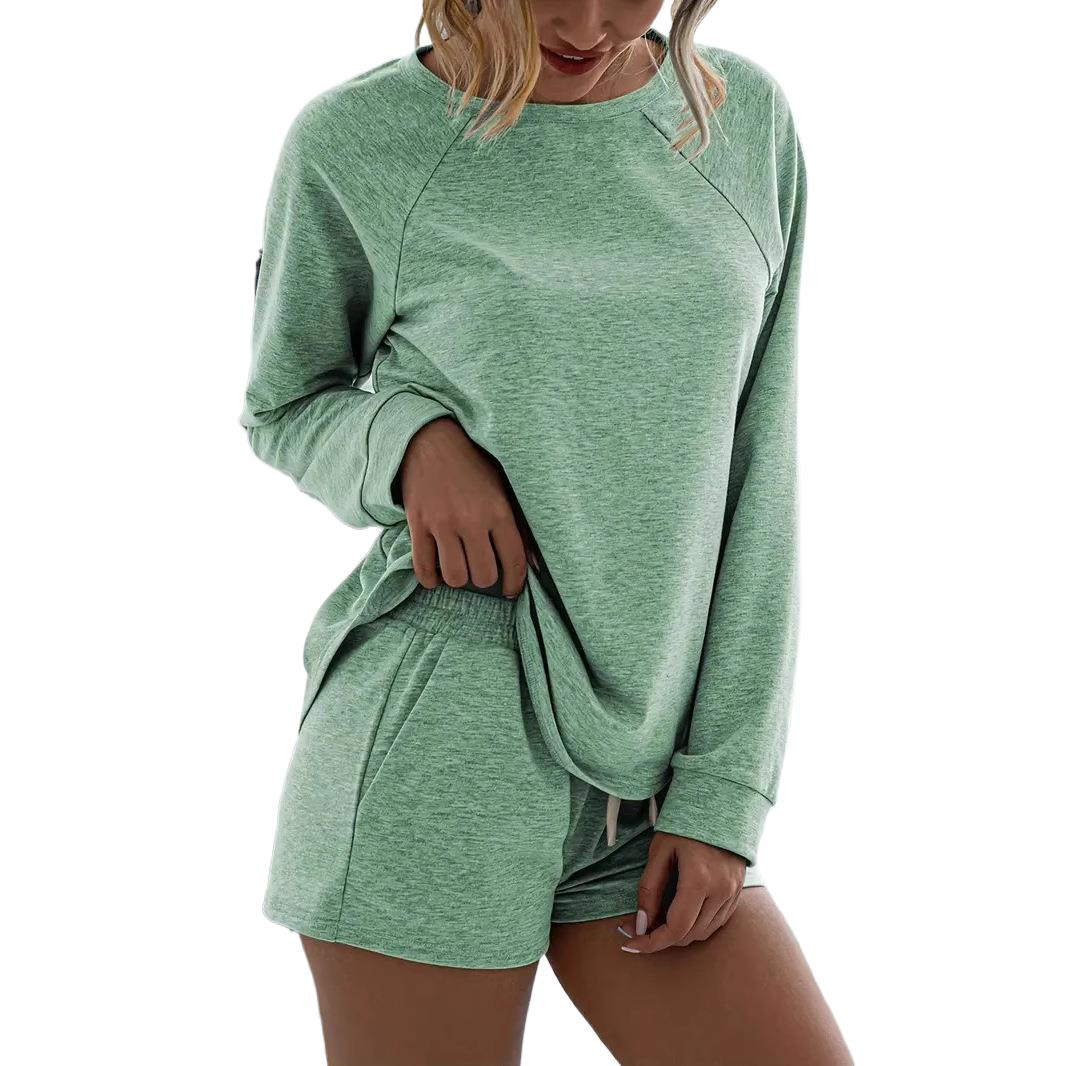 Women's Solid Color Two-Piece Lounge Set Long Sleeve Crewneck Top and Shorts