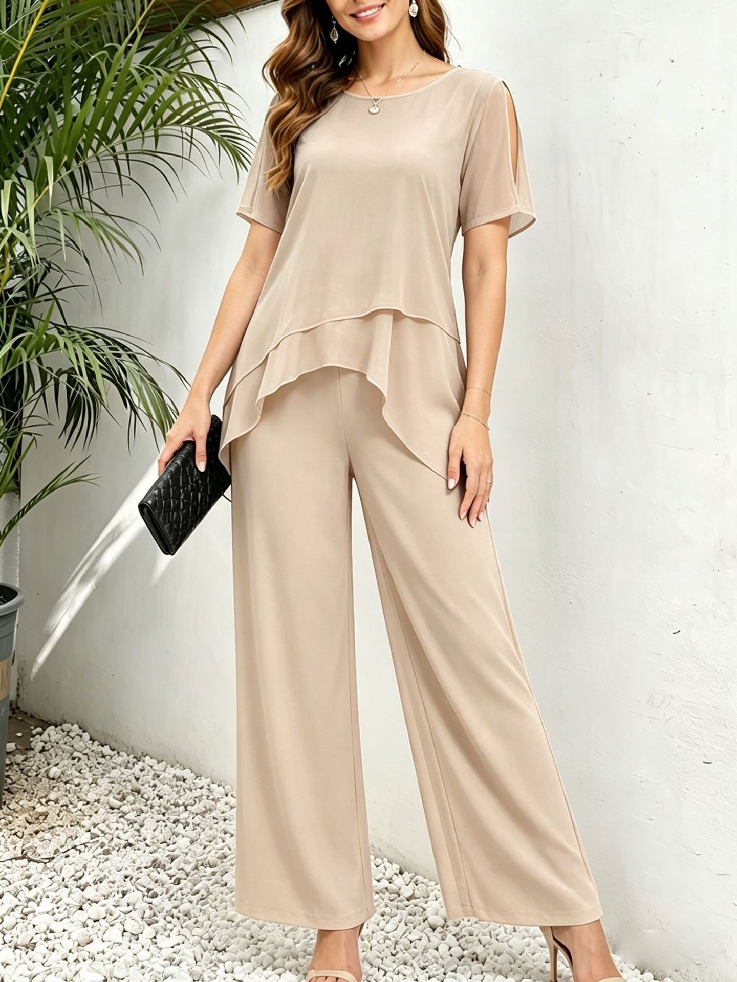 Women's Chiffon Asymmetric Top & Wide-Leg Pants Two-Piece Set