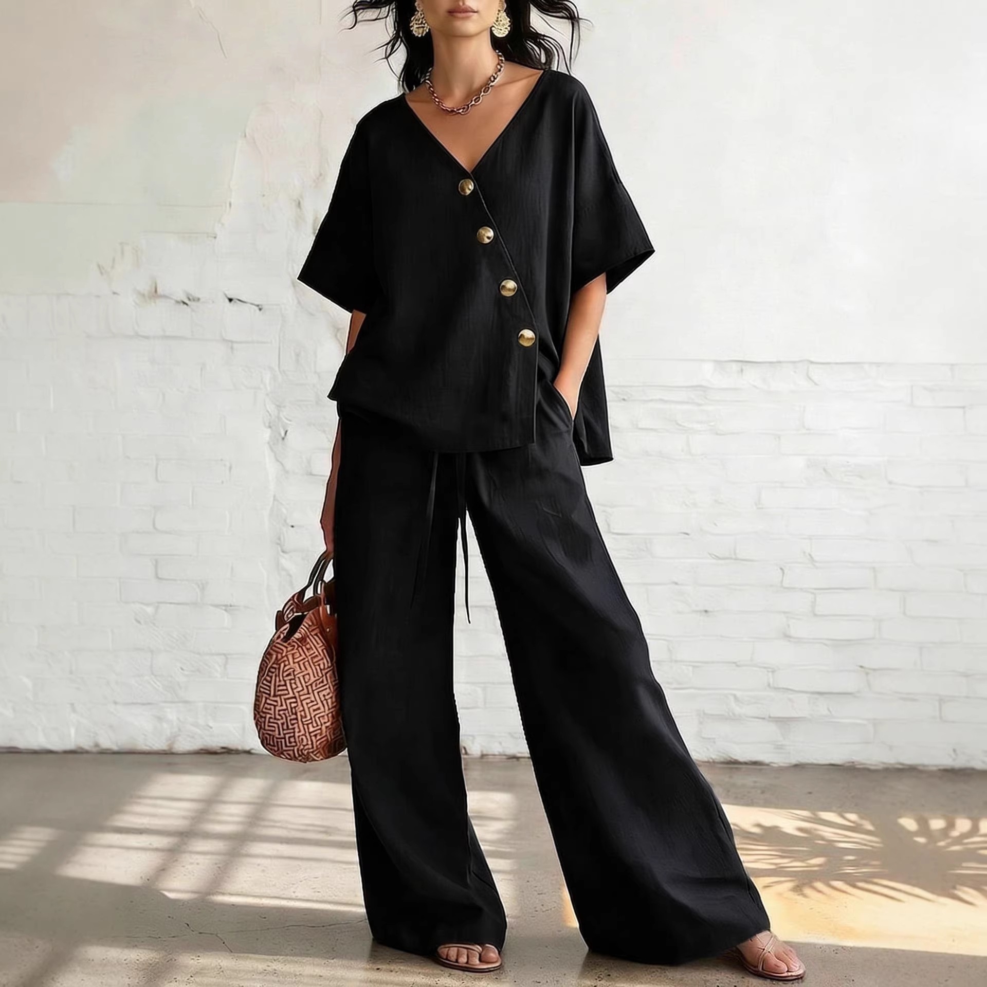 Women's Casual Solid V-Neck Short Sleeve Top and Drawstring Pants Two-Piece Set