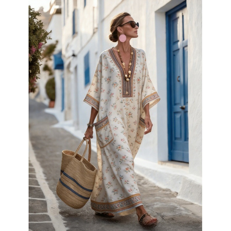 Women's Animal Print A-Line Midi Dress Long Sleeve Crew Neck Casual