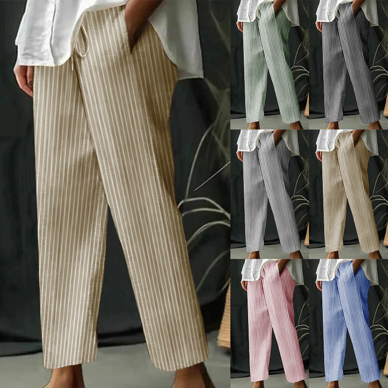 Striped & Solid Cotton-Linen Loose Casual Pants
