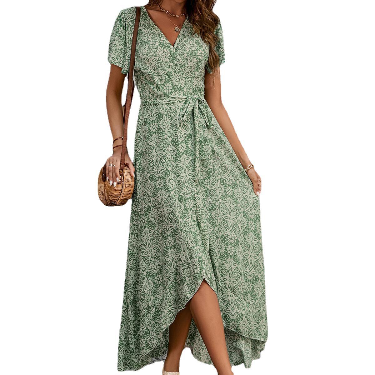Floral Print One-Piece V-Neck Tie-Waist Maxi Dress