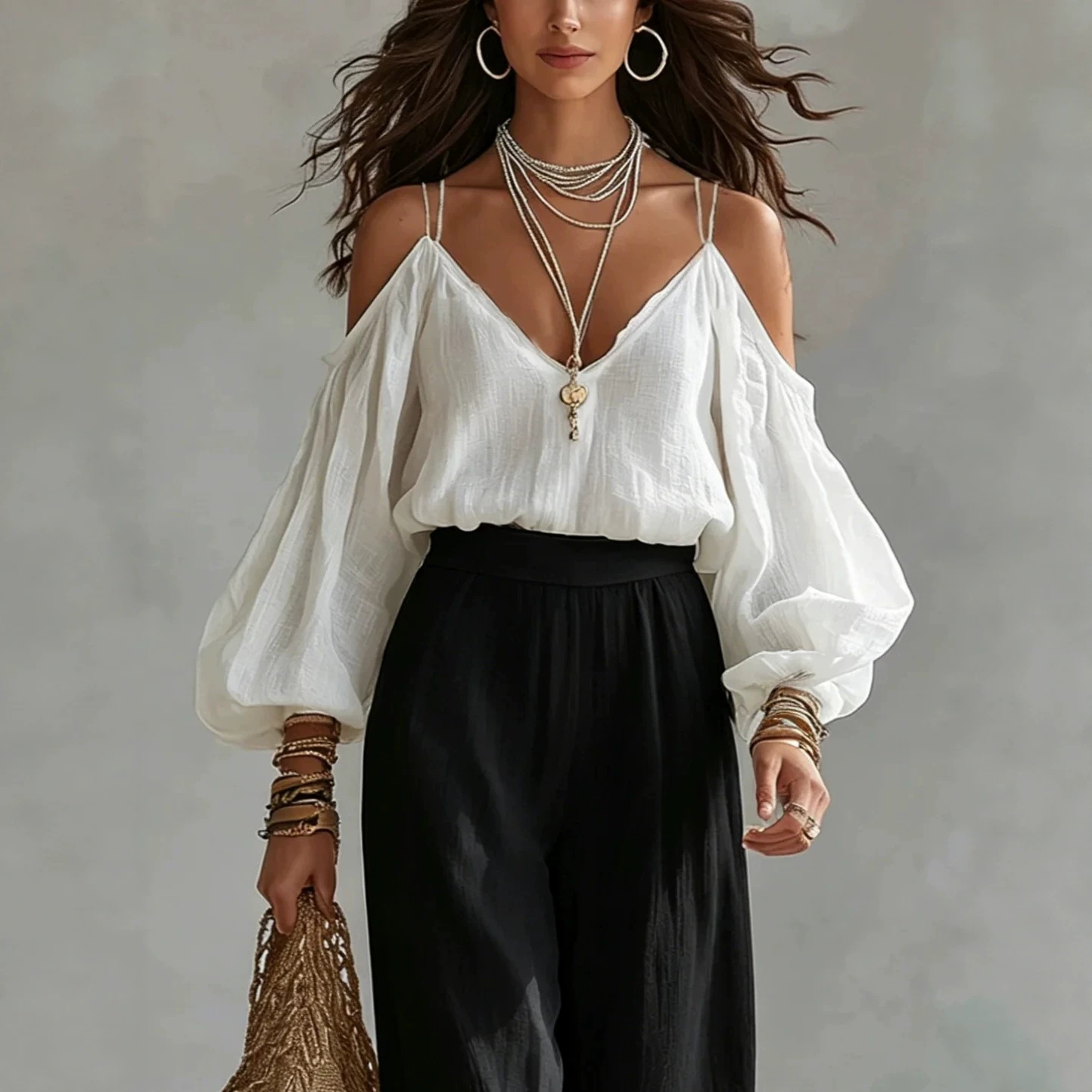 Off-Shoulder Cami Bubble-Sleeve Top & Wide-Leg Pants Two-Piece Set