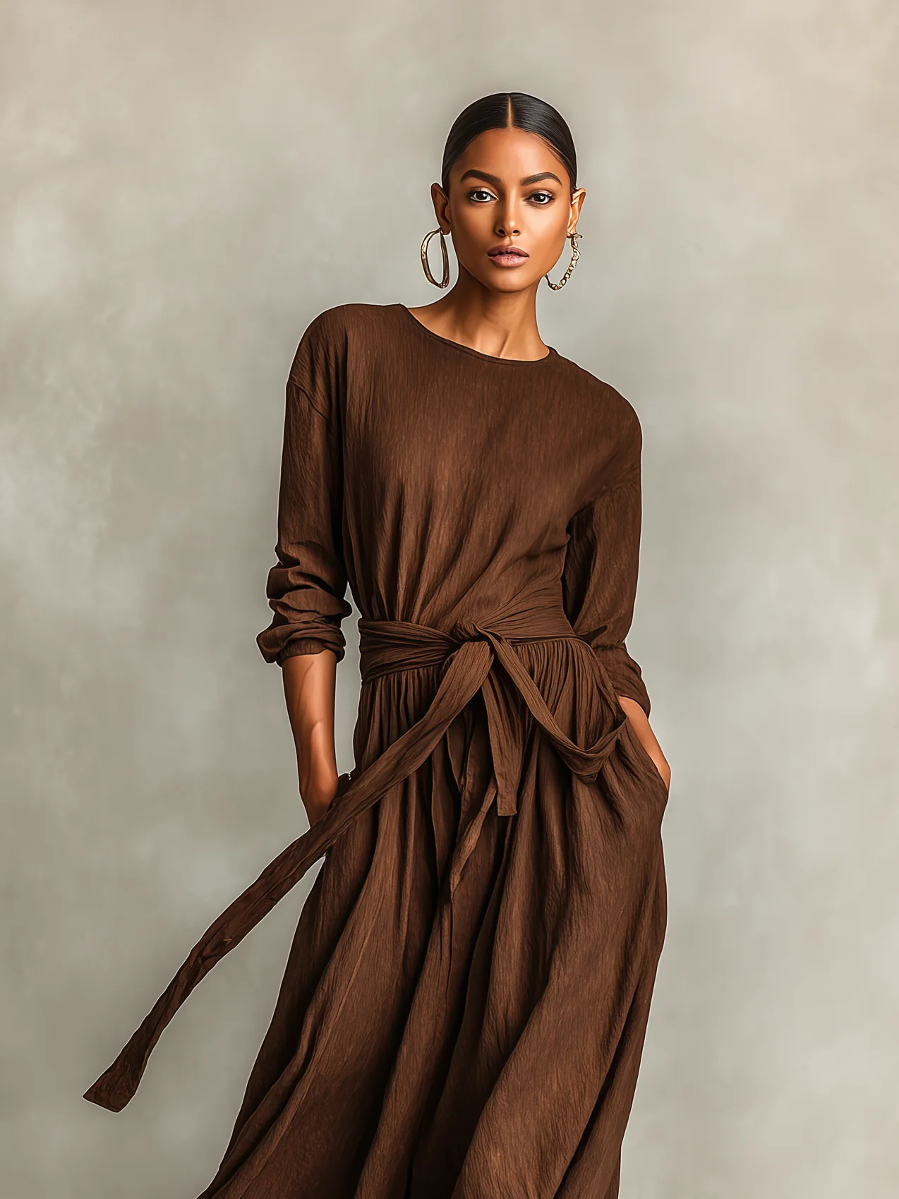 Women's Elegant Brown Woven Long Sleeve Round Neck Dress