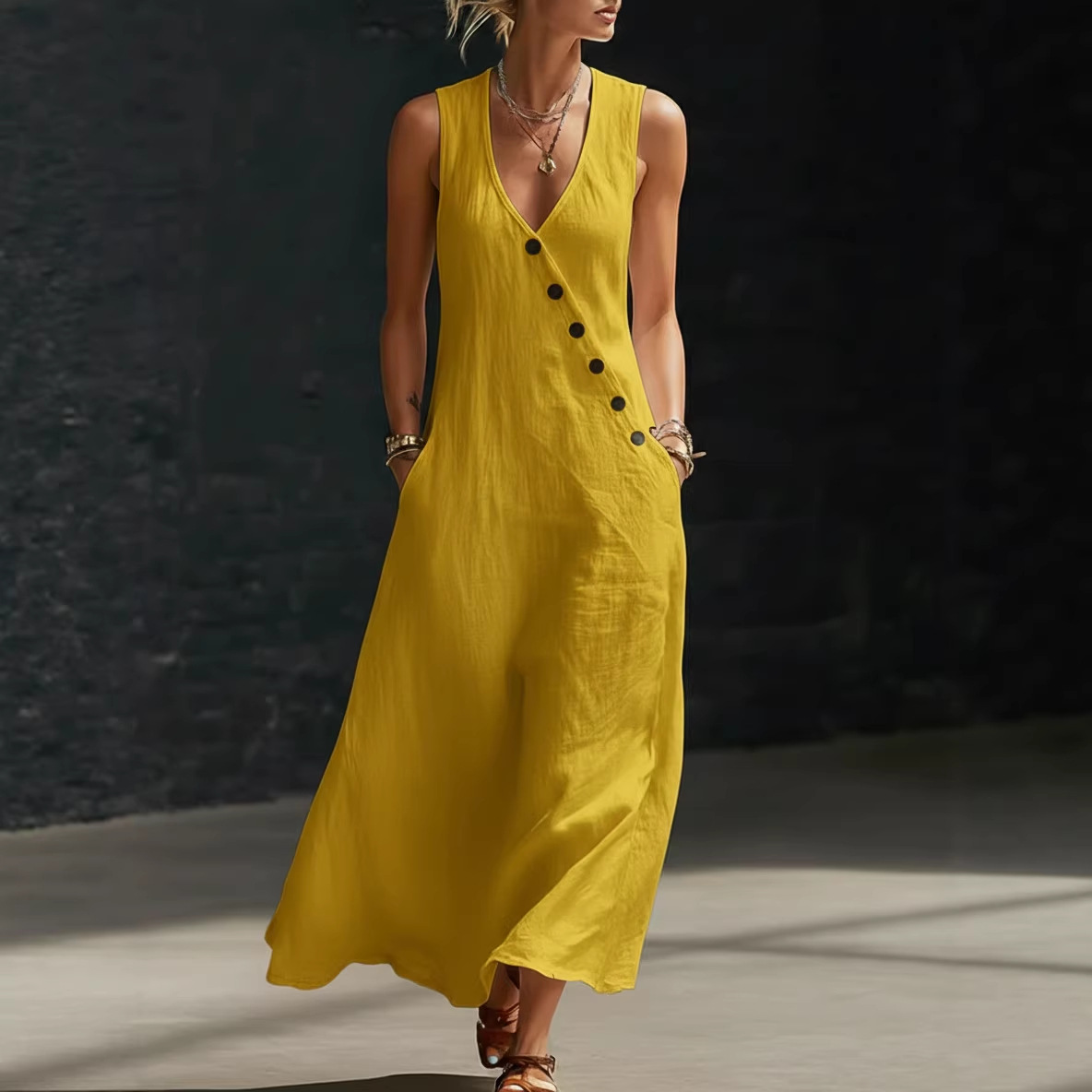 V-Neck Button-Front Cotton-Linen Sleeveless Maxi Dress