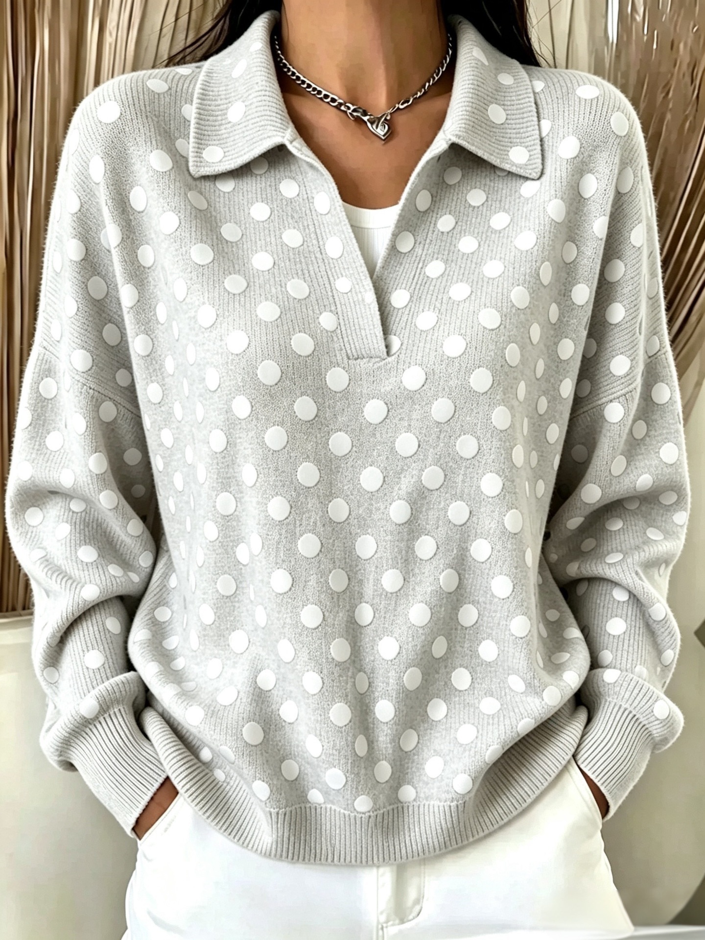 Women's Retro Polka Dot Print Button-Up Collared Sweatshirt