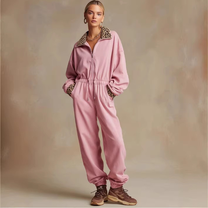 Pink Leopard Print Long Sleeve Jumpsuit