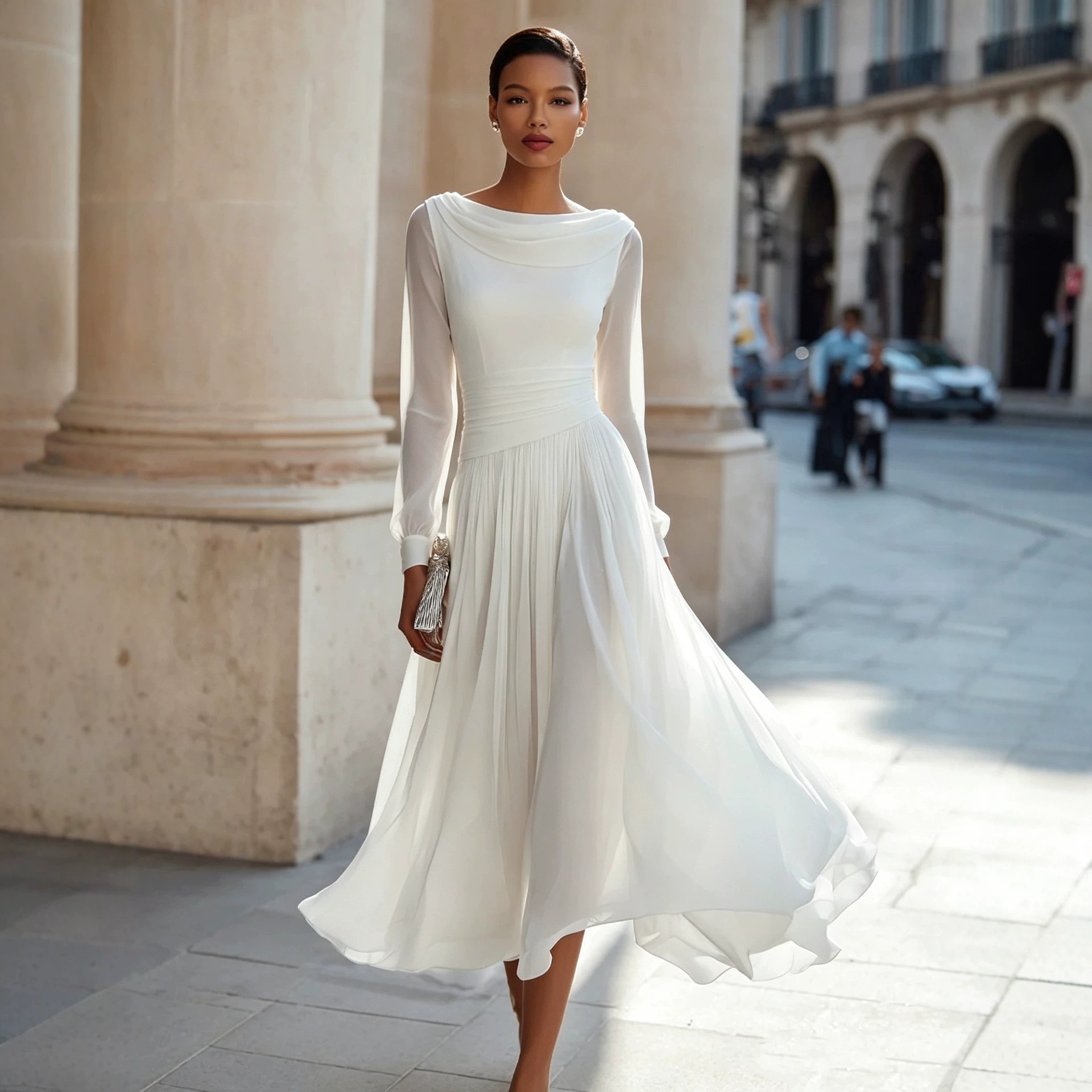 Elegant Cowl Neck Long Sleeve Midi Dress