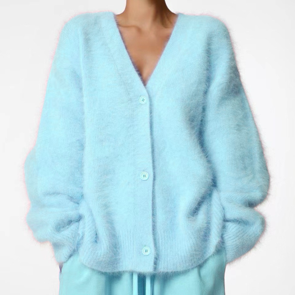 Faux Mink Knit Cardigan Sweater Women's Loose V-Neck Long Sleeve Button Front