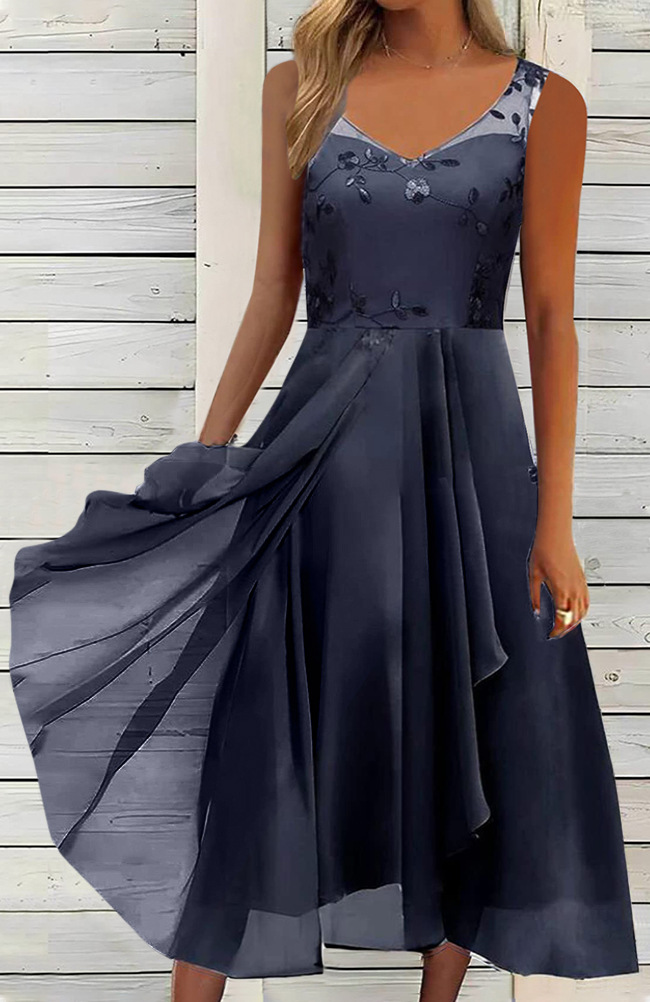 Sleeveless Chiffon Dress with Mesh Lace Panels and High-Low Hem